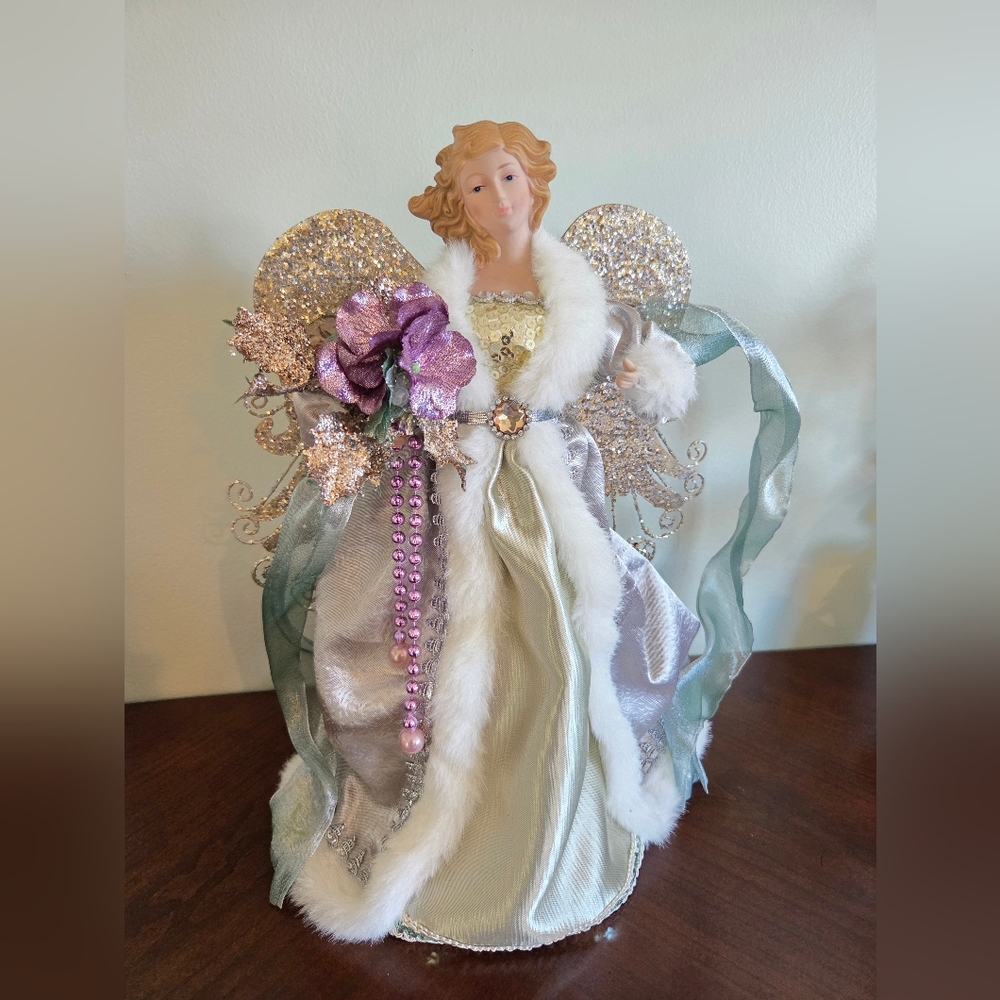 Elegant Purple And Silver Tree Topper Angel Ceramic Head And Hands